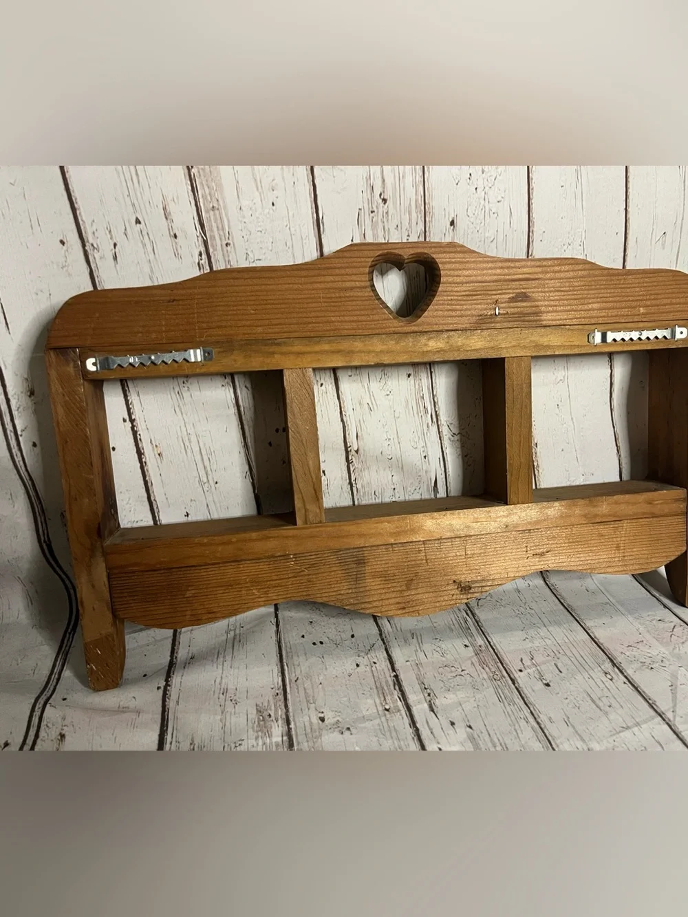 Vintage Wooden Wall Shelf Peg Rack Cottagecore Heart Cutout Rustic Country Shelf
